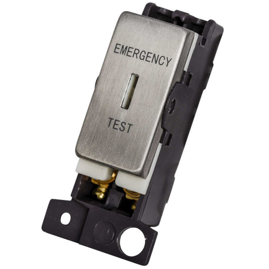 Scolmore Click Mini Grid 10A Double Pole Key Switch Module marked Emergency Test Stainless Steel