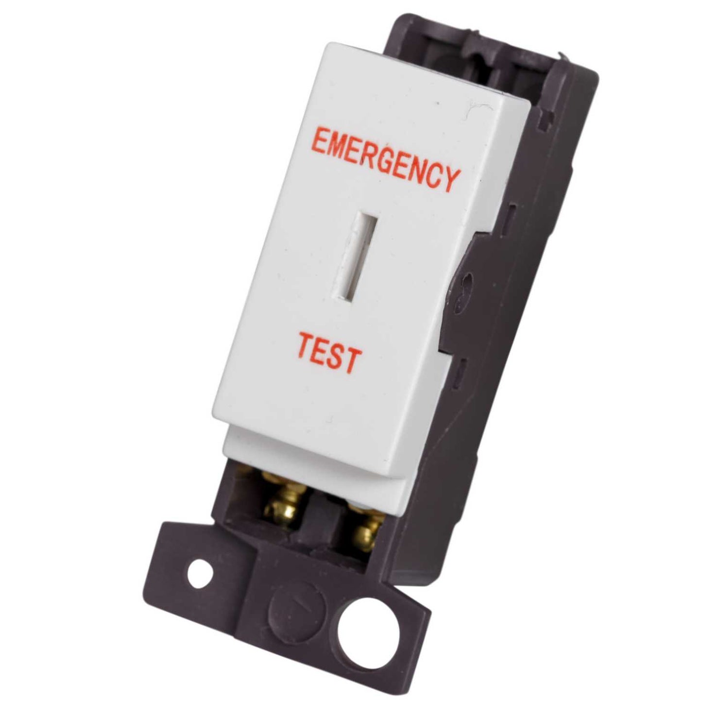 Scolmore Click Mini Grid 10A Double Pole Key Switch Module marked Emergency Test White