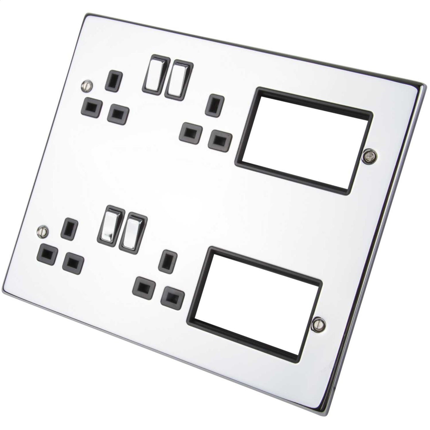 Scolmore Click New Media New Media Plate with 4 x 13A Double Pole Sockets Polished Chrome Black Insert