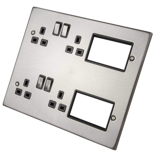 Scolmore Click New Media New Media Plate with 4 x 13A Double Pole Sockets Satin Chrome Black Insert