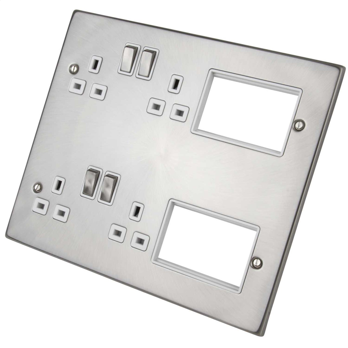 Scolmore Click New Media New Media Plate with 4 x 13A Double Pole Sockets Satin Chrome White Insert