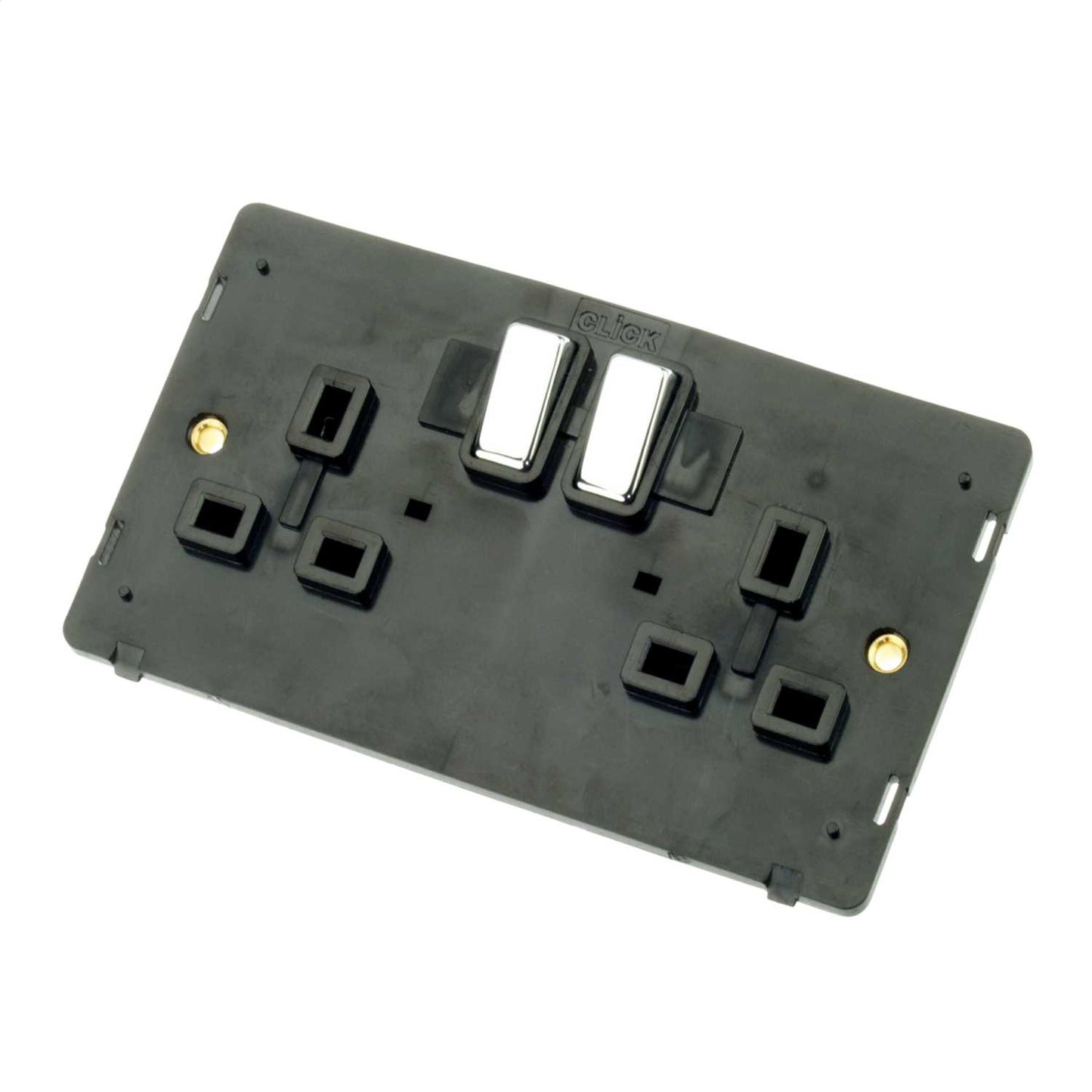 Scolmore Click Definity 13A 2 Gang Ingot Switched Socket Black Insert Polished Chrome