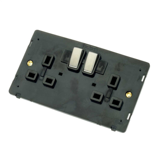 Scolmore Click Definity 13A DP 2 Gang Ingot Switched Socket Black Insert Stainless Steel