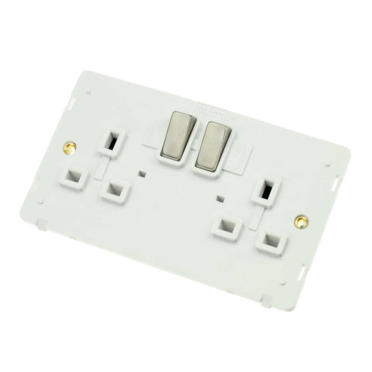 Scolmore Click Definity 13A DP 2 Gang Ingot Switched Socket White Insert Brushed Steel