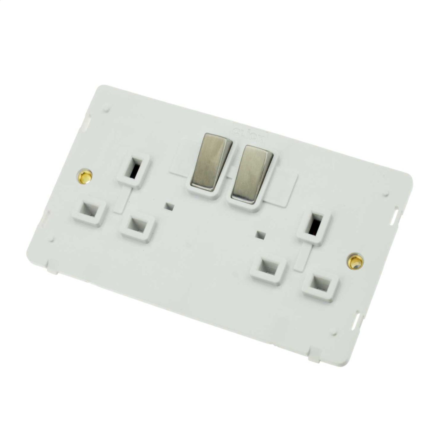Scolmore Click Definity 13A DP 2 Gang Ingot Switched Socket White Insert Stainless Steel