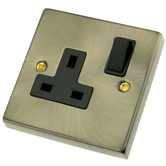Scolmore Click Deco 13A DP 1 Gang Switched Socket Black Insert Antique Brass