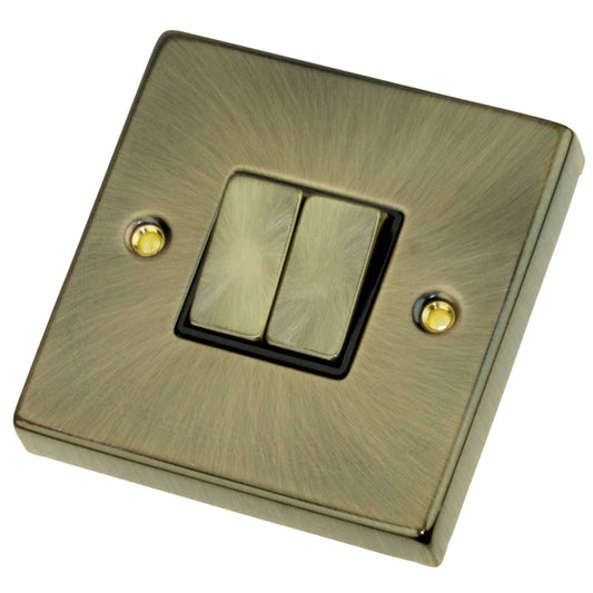 Scolmore Click Deco 10A 2 Gang 2 Way Switch Metal / Black Insert Antique Brass