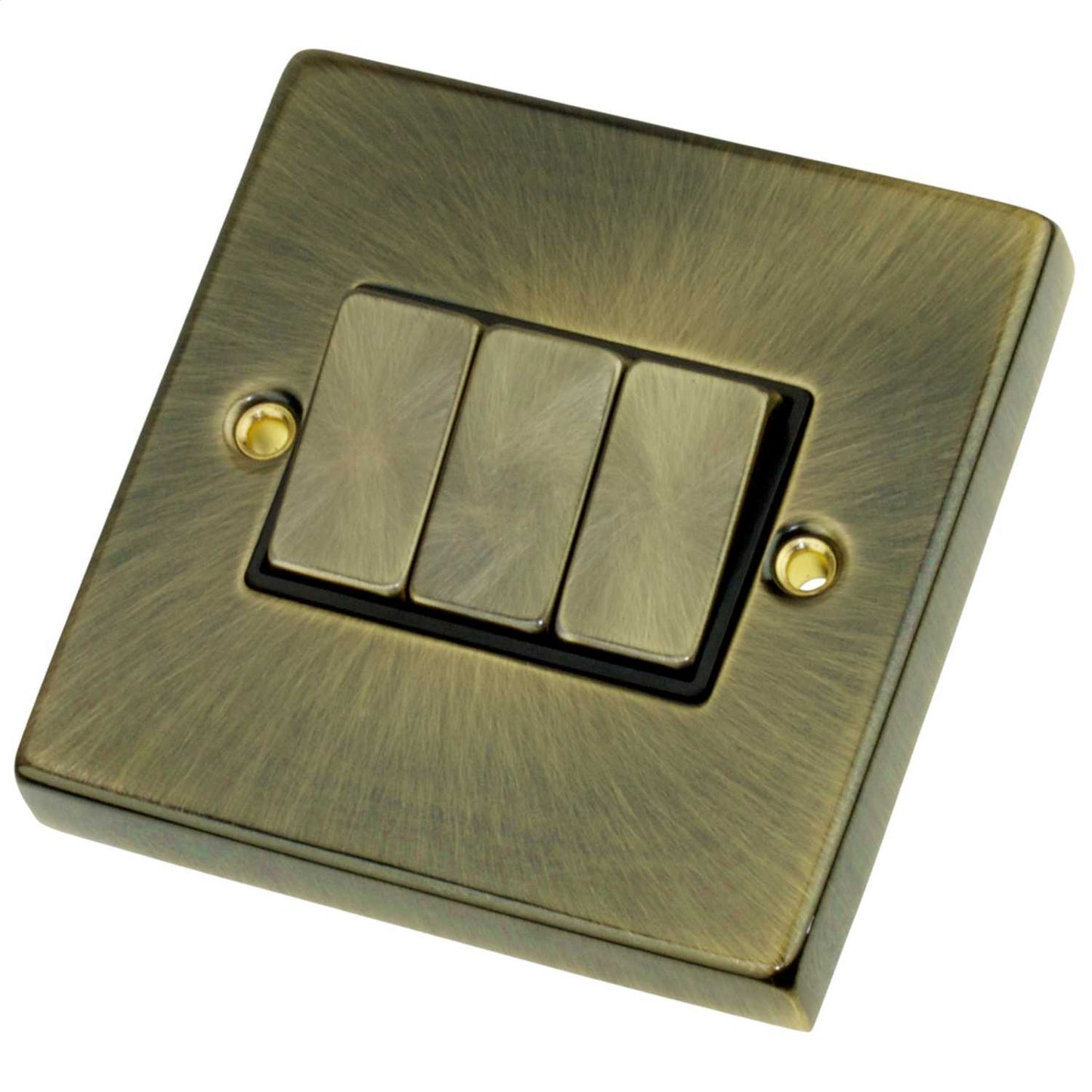 Scolmore Click Deco 10A 3 Gang 2 Way Switch Metal / Black Insert Antique Brass