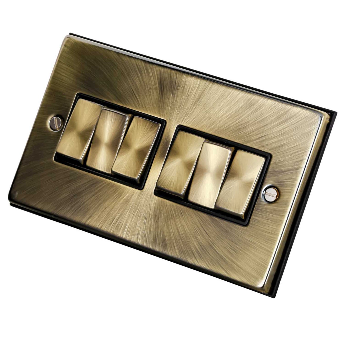 Scolmore Click Deco 10A 6 Gang 2 Way Switch Metal / Black Insert Antique Brass