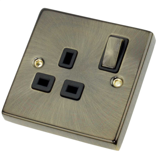 Scolmore Click Deco 13A DP 1 Gang Switched Socket Metal / Black Insert Antique Brass