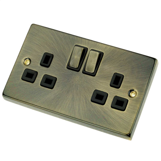 Scolmore Click Deco 13A DP 2 Gang Switched Socket Metal / Black Insert Antique Brass