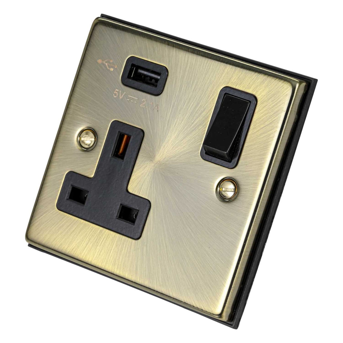 Scolmore Click Deco 13A 1 Gang Switched Socket with USB Outlet Black Insert Antique Brass