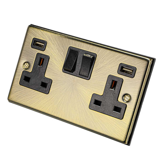 Scolmore Click Deco 13A 2 Gang Switched Socket with Twin 2.1A USB Outlets Black Insert Antique Brass