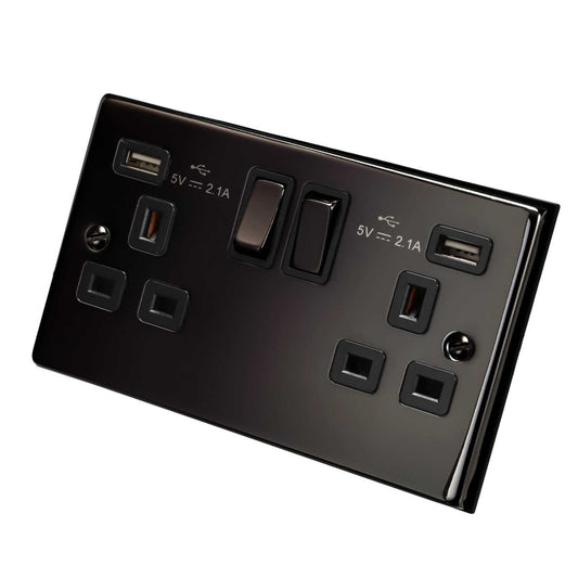 Scolmore Click Deco 13A 2 Gang Switched Socket with Twin 2.1A USB Metal / Black Insert Black Nickel