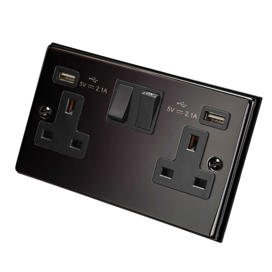 Scolmore Click Deco 13A 2 Gang Switched Socket with Twin 2.1A USB Outlets Black Insert Black Nickel