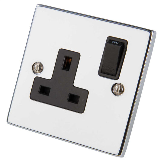 Scolmore Click Deco 13A DP 1 Gang Switched Socket Black Insert Polished Chrome