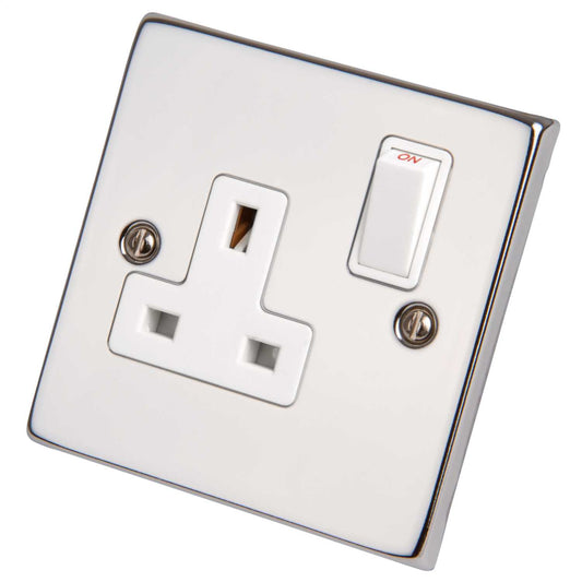 Scolmore Click Deco 13A DP 1 Gang Switched Socket White Insert Polished Chrome