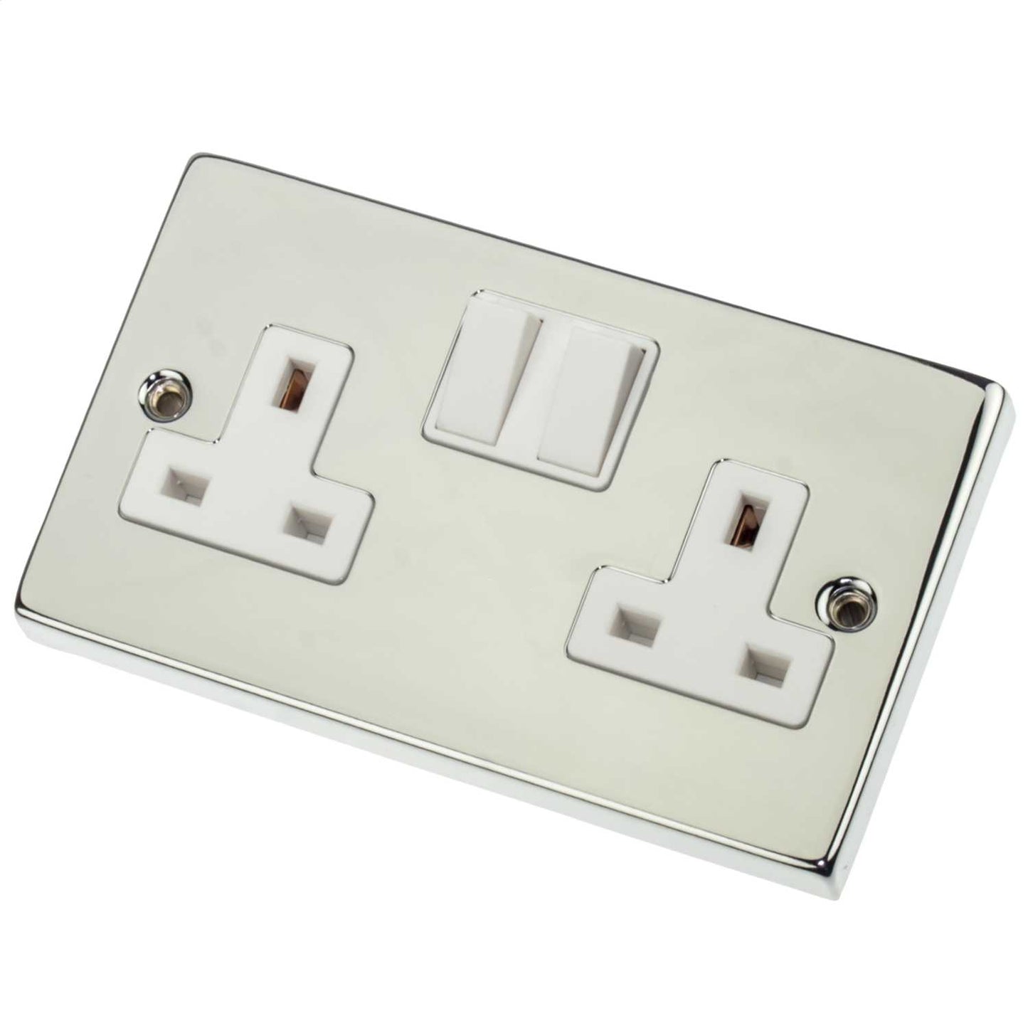 Scolmore Click Deco 13A DP 2 Gang Switched Socket White Insert Polished Chrome