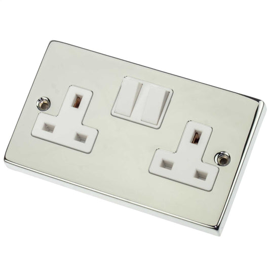 Scolmore Click Deco 13A DP 2 Gang Switched Socket White Insert Polished Chrome
