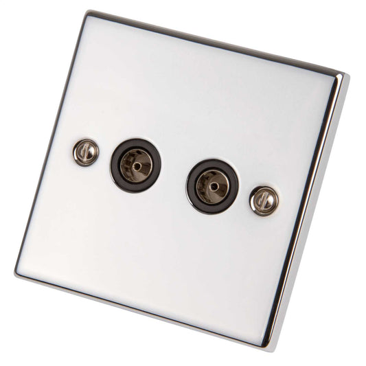 Scolmore Click Deco 1 Gang Non Isolated Twin Coaxial Socket Black Insert Polished Chrome