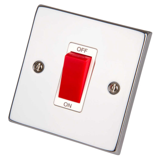 Scolmore Click Deco 45A DP 1 Gang Switch White Insert Polished Chrome