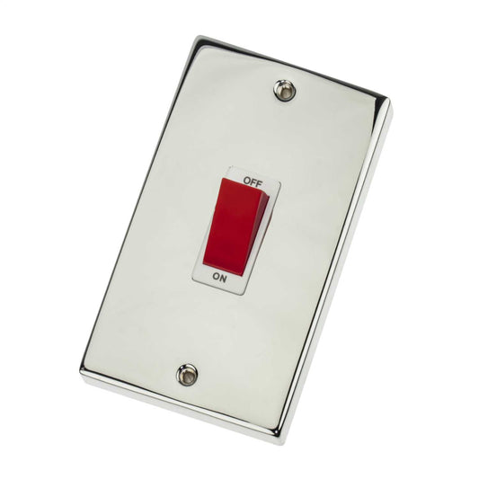 Scolmore Click Deco 45A DP 2 Gang Vertical Switch White Insert Polished Chrome