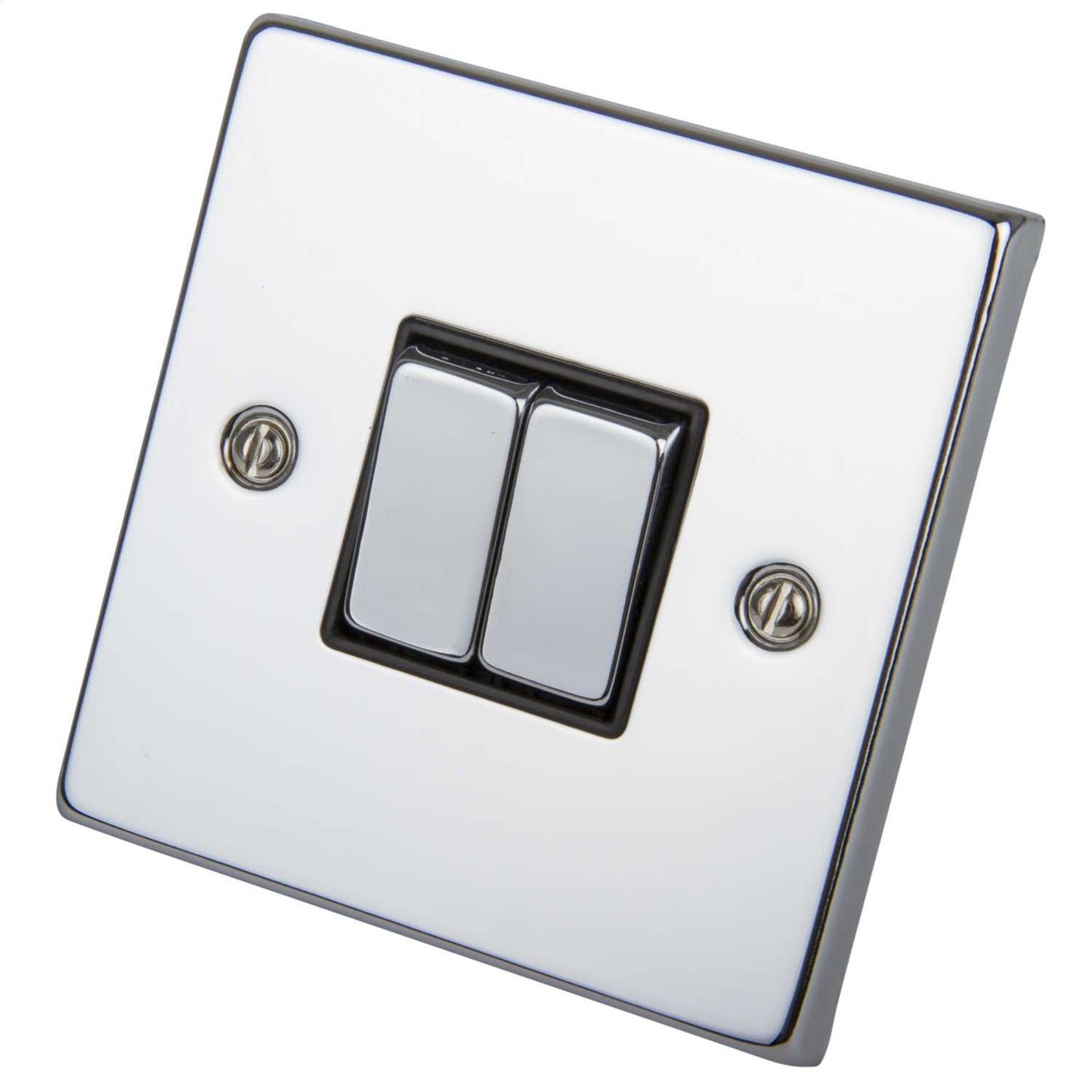 Scolmore Click Deco 10A 2 Gang 2 Way Switch Metal / Black Insert Polished Chrome