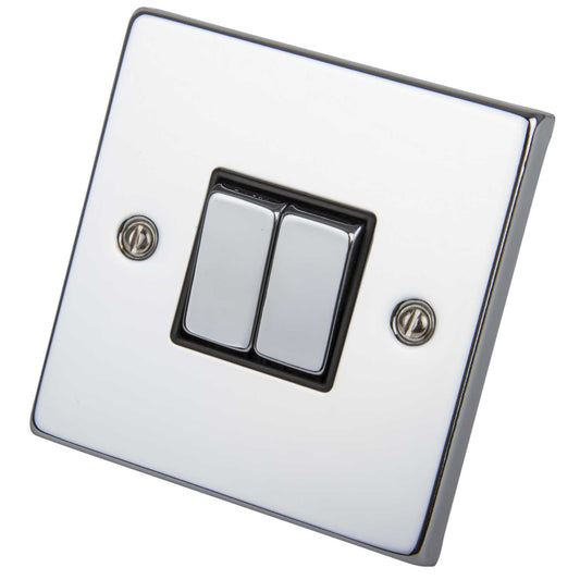 Scolmore Click Deco 10A 2 Gang 2 Way Switch Metal / Black Insert Polished Chrome