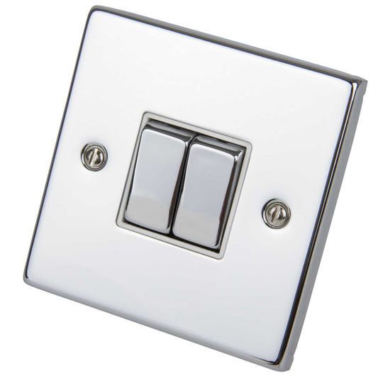 Scolmore Click Deco 10A 2 Gang 2 Way Switch Metal / White Insert Polished Chrome