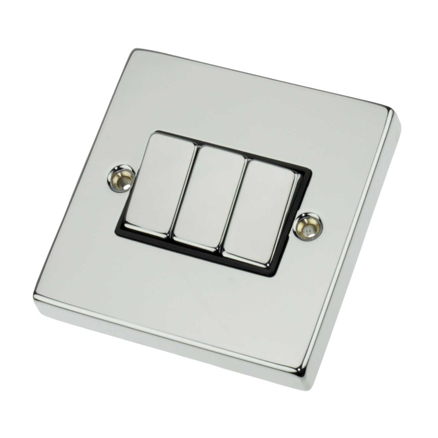 Scolmore Click Deco 10A 3 Gang 2 Way Switch Metal / Black Insert Polished Chrome