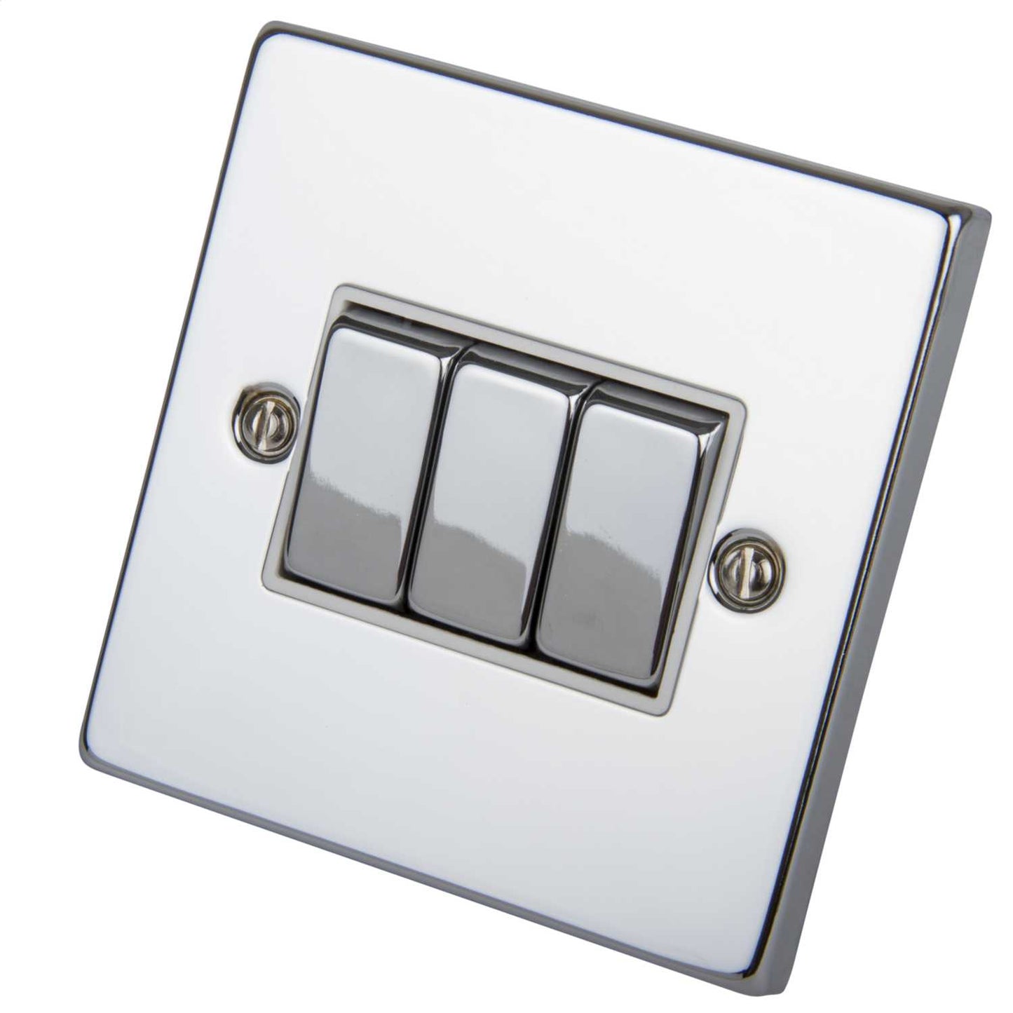 Scolmore Click Deco 10A 3 Gang 2 Way Switch Metal / White Insert Polished Chrome