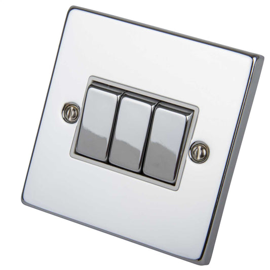 Scolmore Click Deco 10A 3 Gang 2 Way Switch Metal / White Insert Polished Chrome