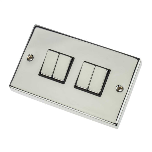 Scolmore Click Deco 10A 4 Gang 2 Way Switch Metal / Black Insert Polished Chrome