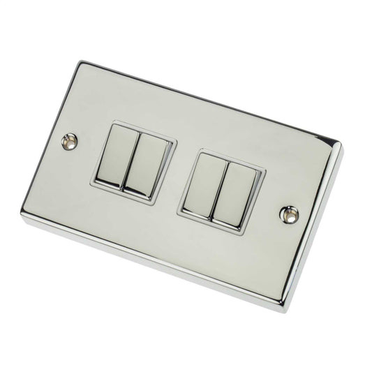 Scolmore Click Deco 10A 4 Gang 2 Way Switch Metal / White Insert Polished Chrome
