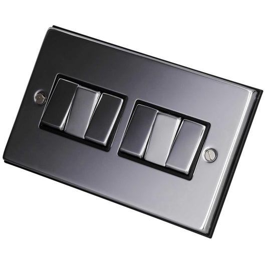 Scolmore Click Deco 10A 6 Gang 2 Way Light Switch Metal / Black Insert Polished Chrome