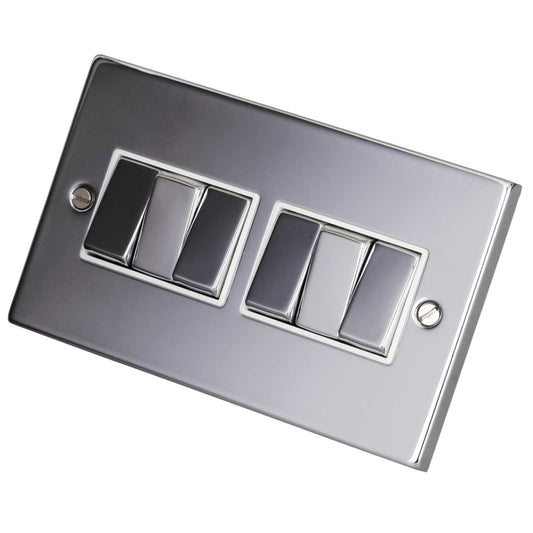 Scolmore Click Deco 10A 6 Gang 2 Way Light Switch Metal / White Insert Polished Chrome