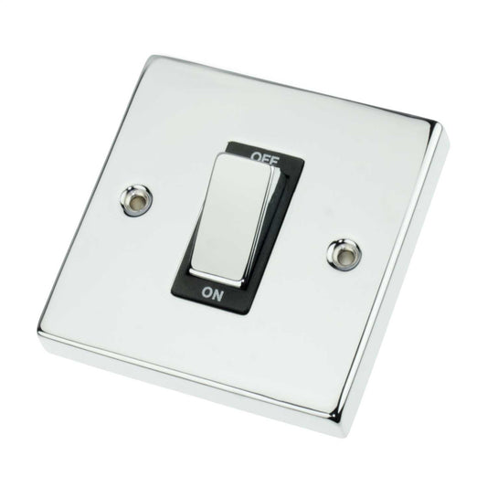 Scolmore Click Deco 45A DP 1 Gang Switch Metal / Black Insert Polished Chrome