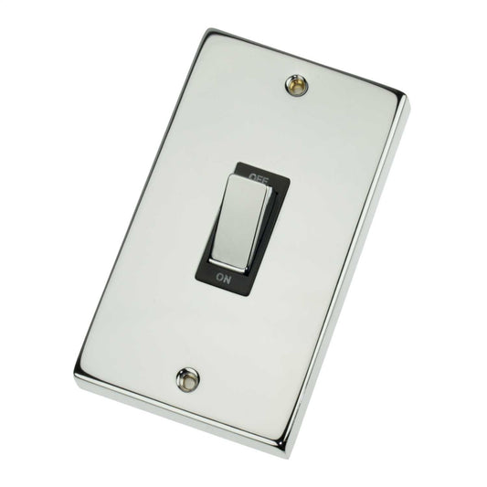 Scolmore Click Deco 45A DP 2 Gang Vertical Switch Metal / Black Insert Polished Chrome