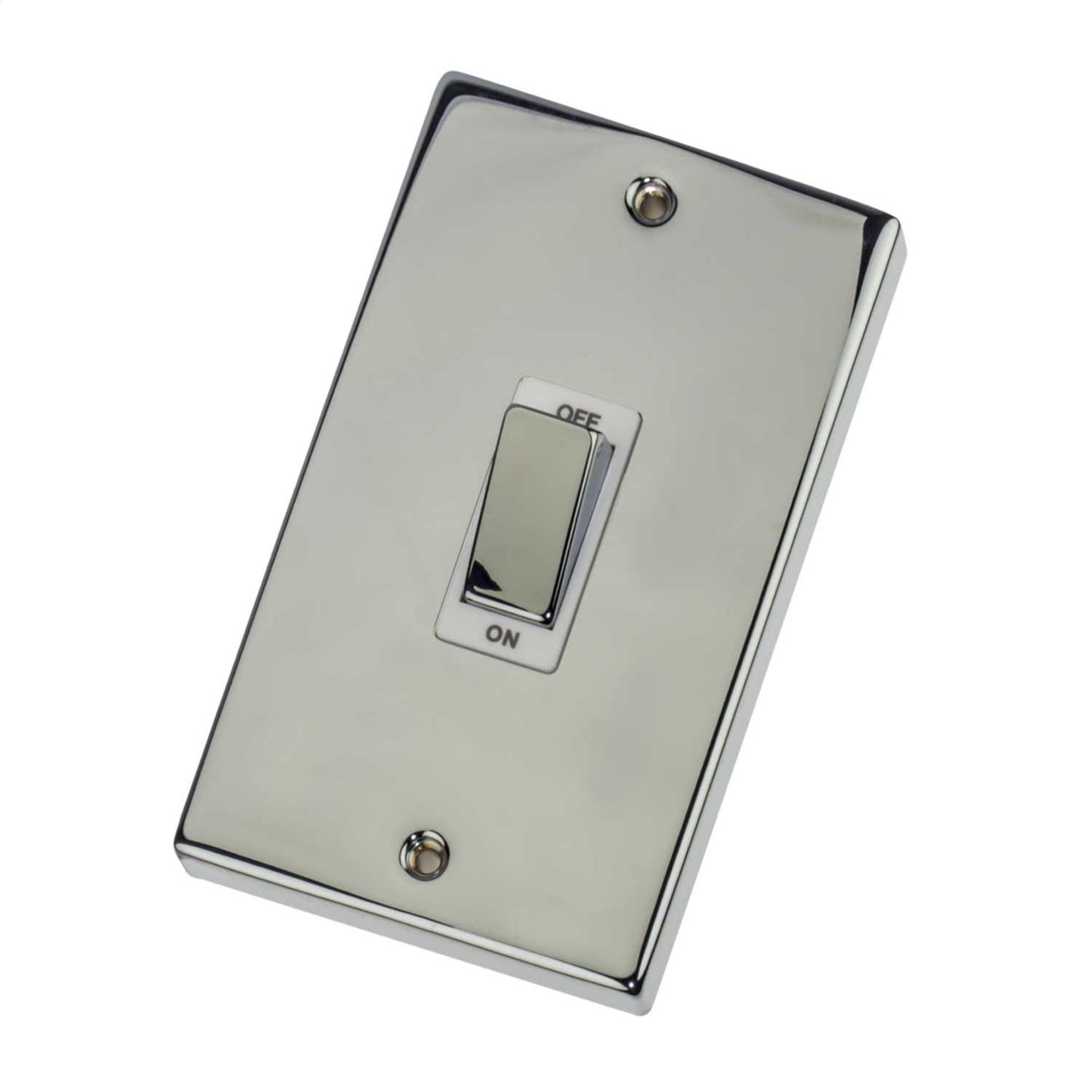 Scolmore Click Deco 45A DP 2 Gang Vertical Switch Metal / White Insert Polished Chrome