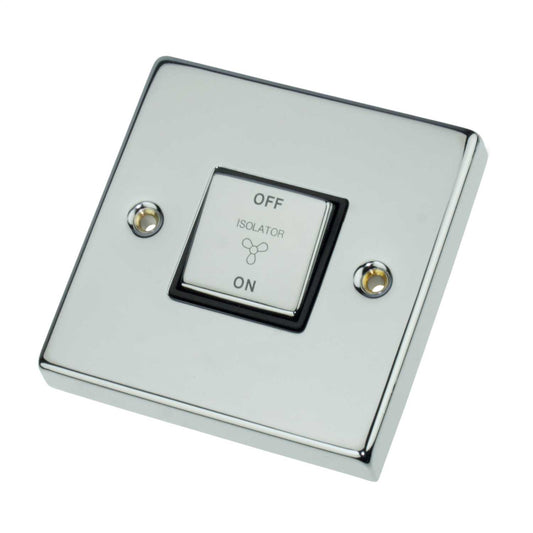Scolmore Click Deco 10A Triple Pole Fan Isolator Switch Metal / Black Insert Polished Chrome