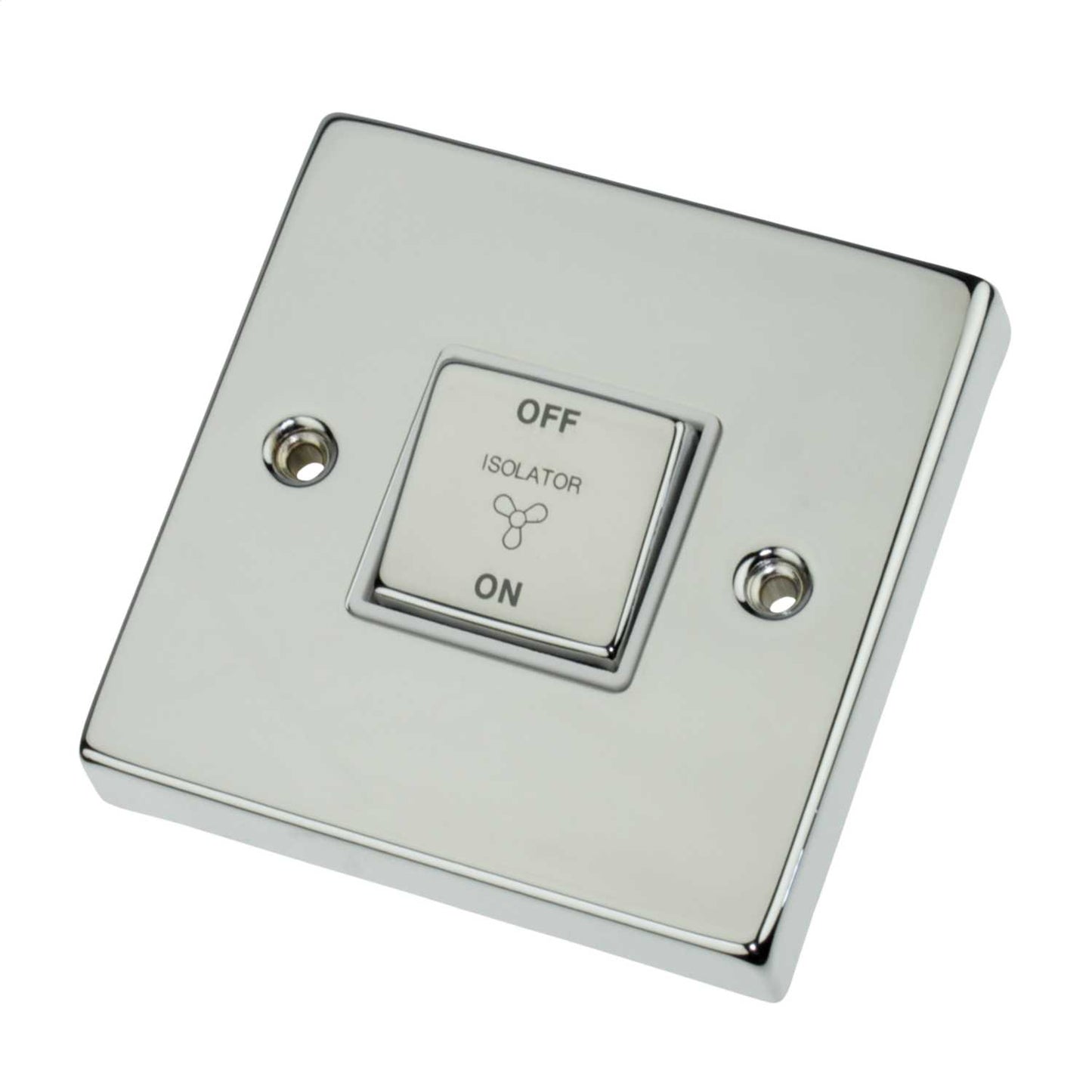 Scolmore Click Deco 10A Triple Pole Fan Isolator Switch Metal / White Insert Polished Chrome