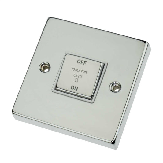 Scolmore Click Deco 10A Triple Pole Fan Isolator Switch Metal / White Insert Polished Chrome