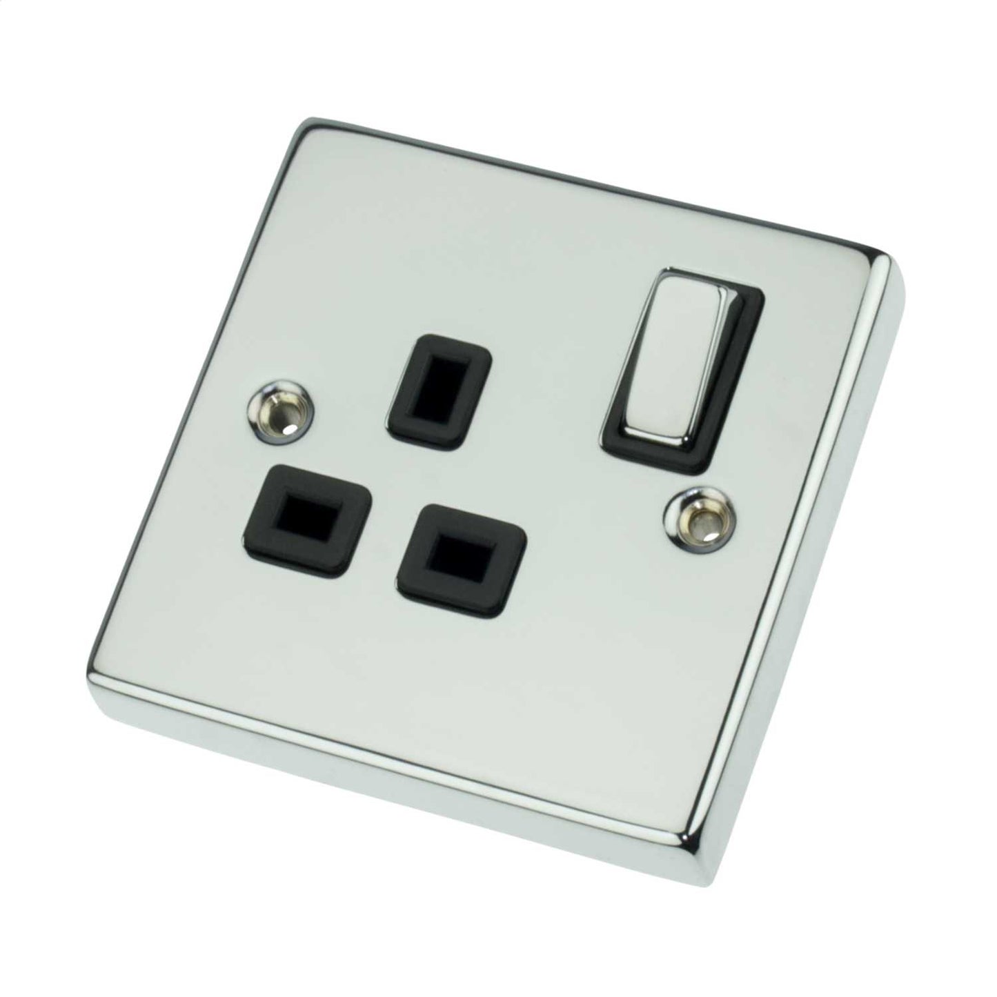 Scolmore Click Deco 13A DP 1 Gang Switched Socket Metal / Black Insert Polished Chrome