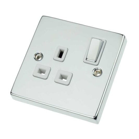 Scolmore Click Deco 13A DP 1 Gang Switched Socket Metal / White Insert Polished Chrome