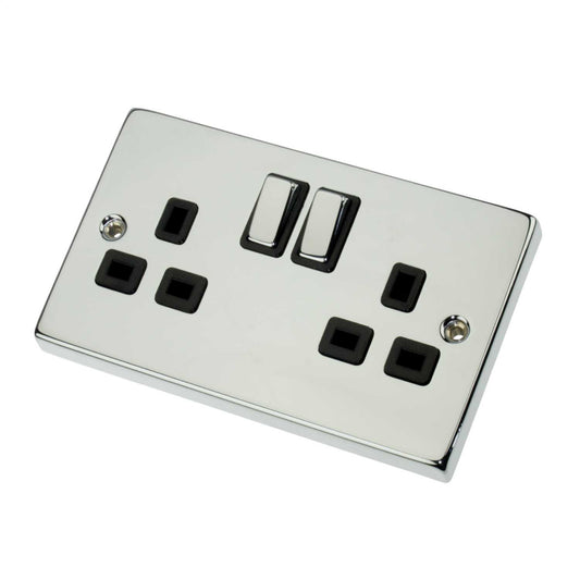 Scolmore Click Deco 13A DP 2 Gang Switched Socket Metal / Black Insert Polished Chrome