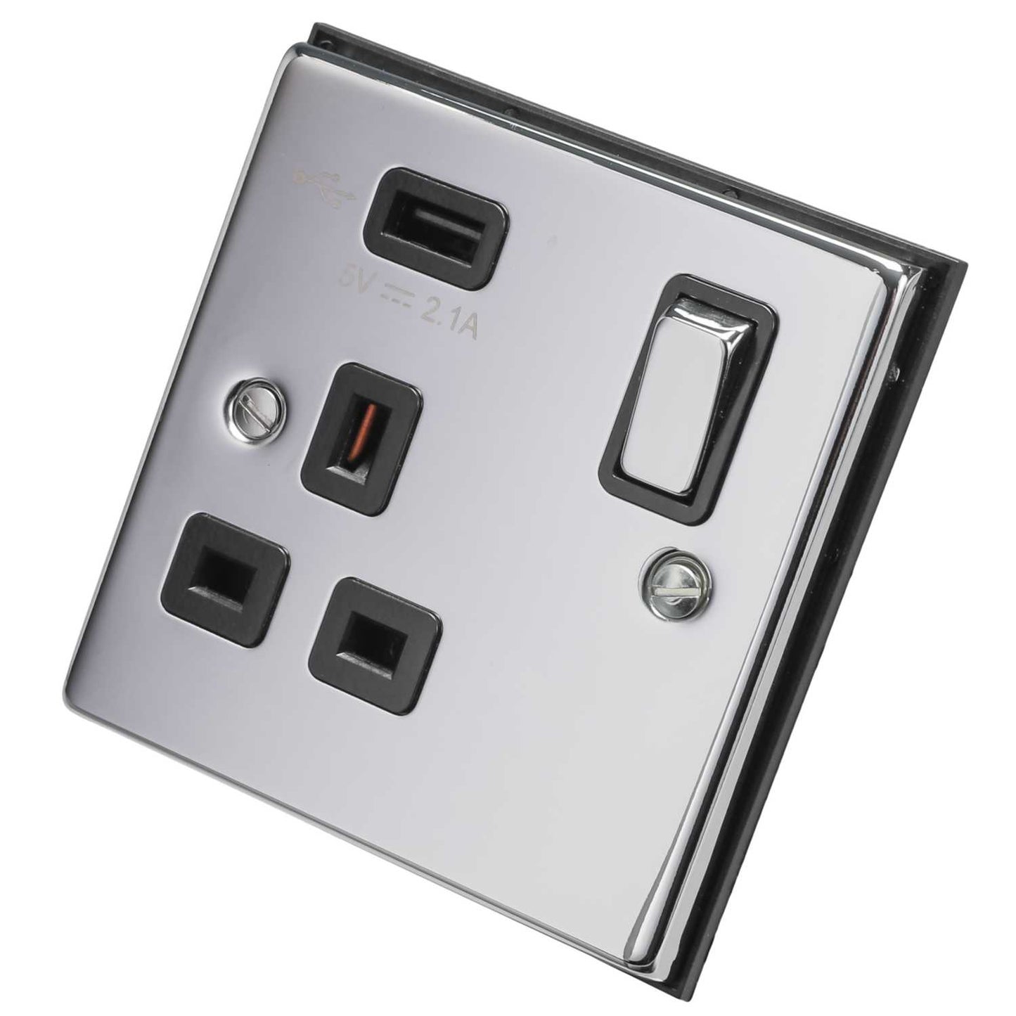 Scolmore Click Deco 13A 1 Gang Switched Socket with USB Outlet Metal / Black Insert Polished Chrome
