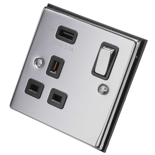 Scolmore Click Deco 13A 1 Gang Switched Socket with USB Outlet Metal / Black Insert Polished Chrome
