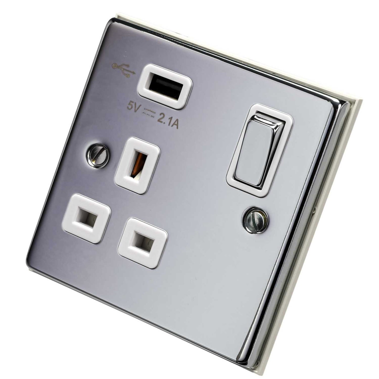 Scolmore Click Deco 13A 1 Gang Switched Socket with USB Outlet Metal / White Insert Polished Chrome