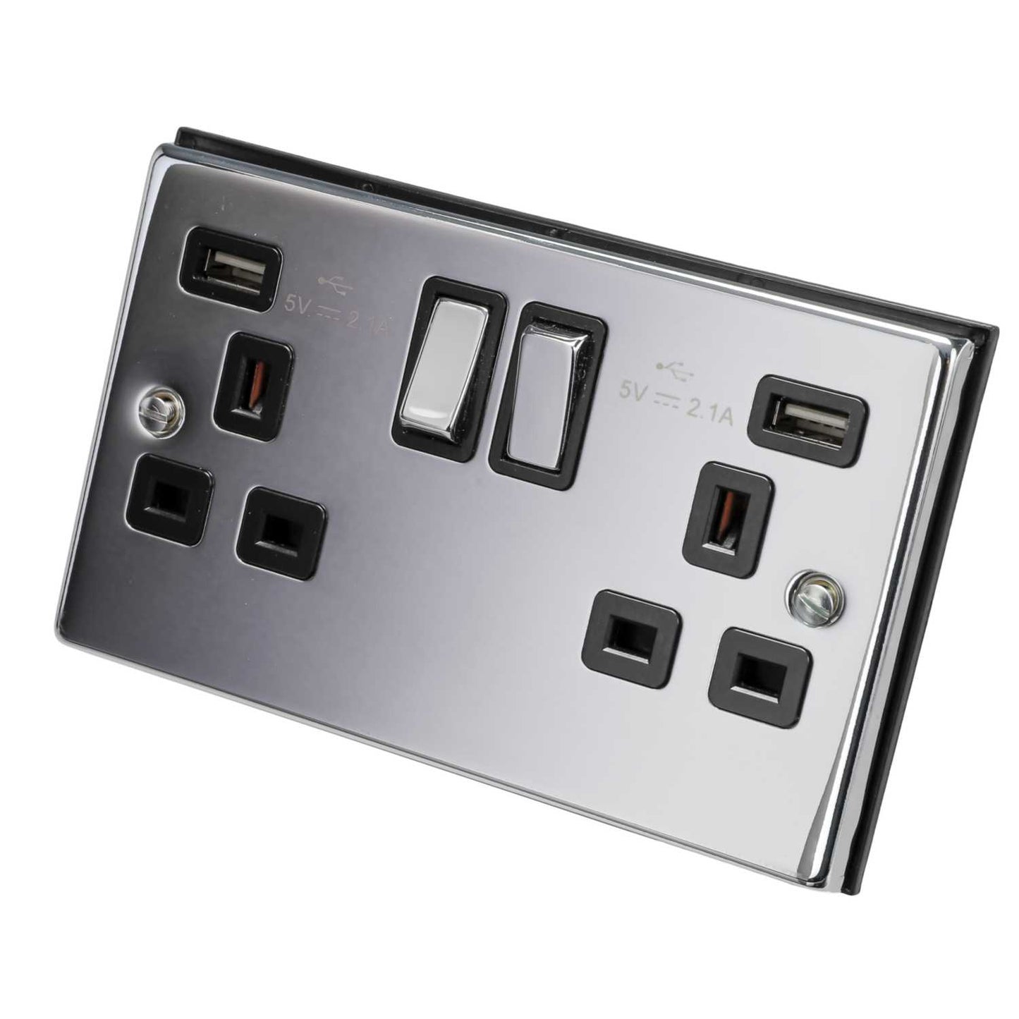 Scolmore Click Deco 13A 2 Gang Switched Socket with Twin USB Metal / Black Insert Polished Chrome
