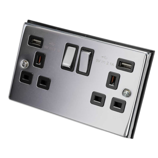 Scolmore Click Deco 13A 2 Gang Switched Socket with Twin USB Metal / Black Insert Polished Chrome